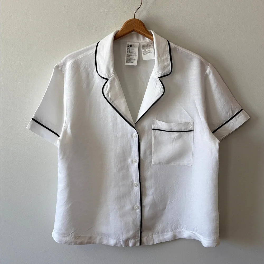 H&M Linen Blend Short Sleeved Shirt White Black Size Medium - Picture 3 of 13
